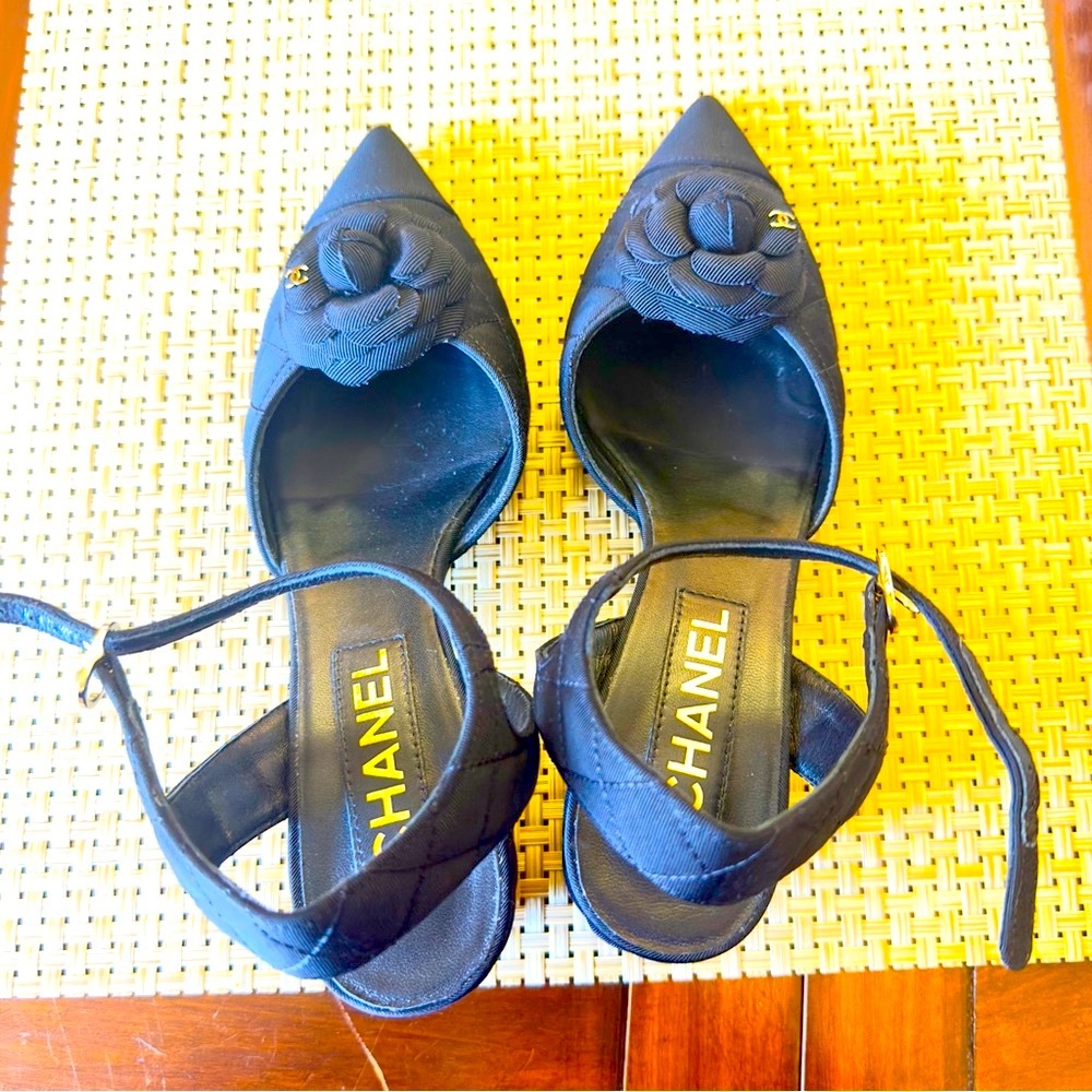 Chanel fabric kitten heels